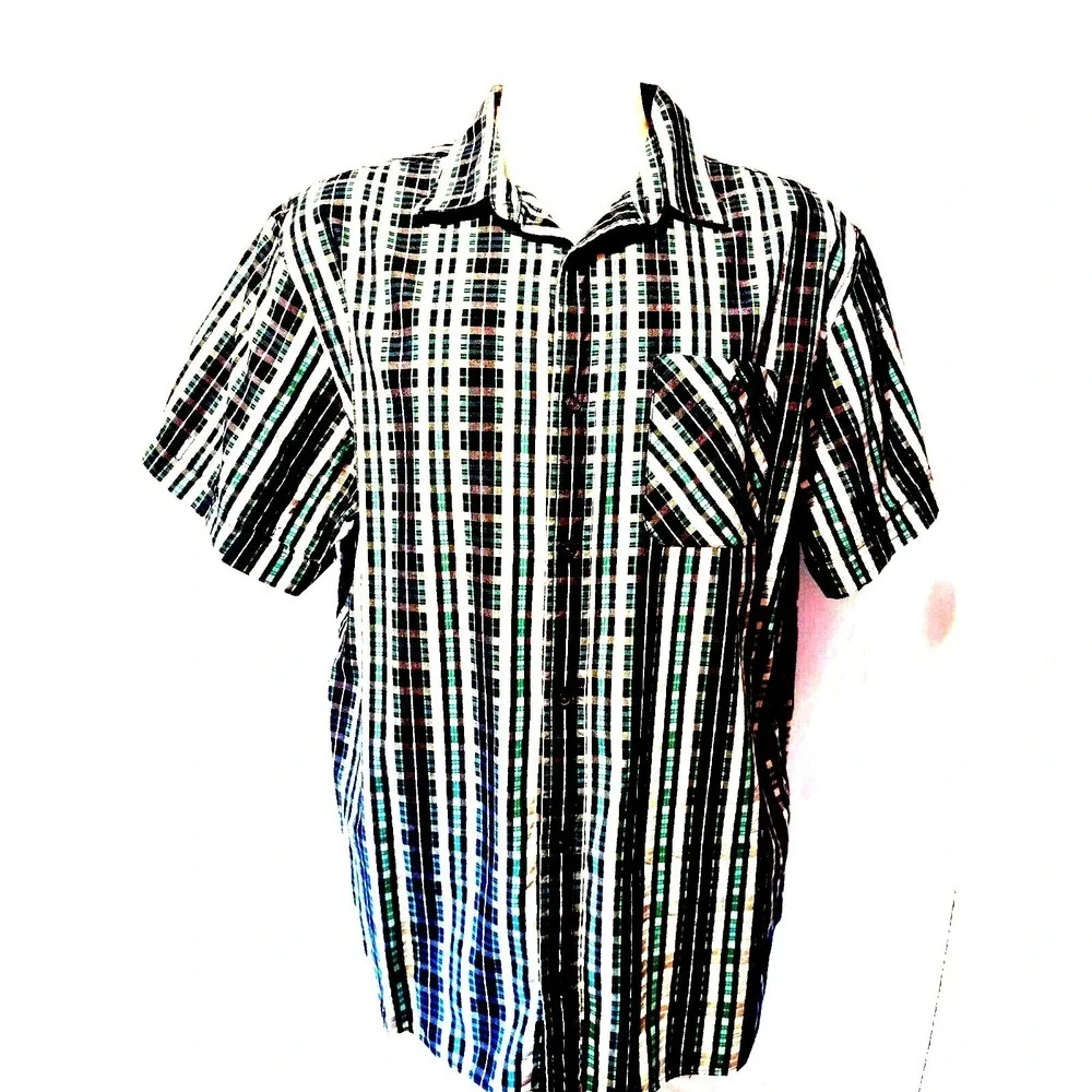 Banana Republic Shirt XXL Mens Plaid Norm Core Teal Black Short Sleeve Button Up